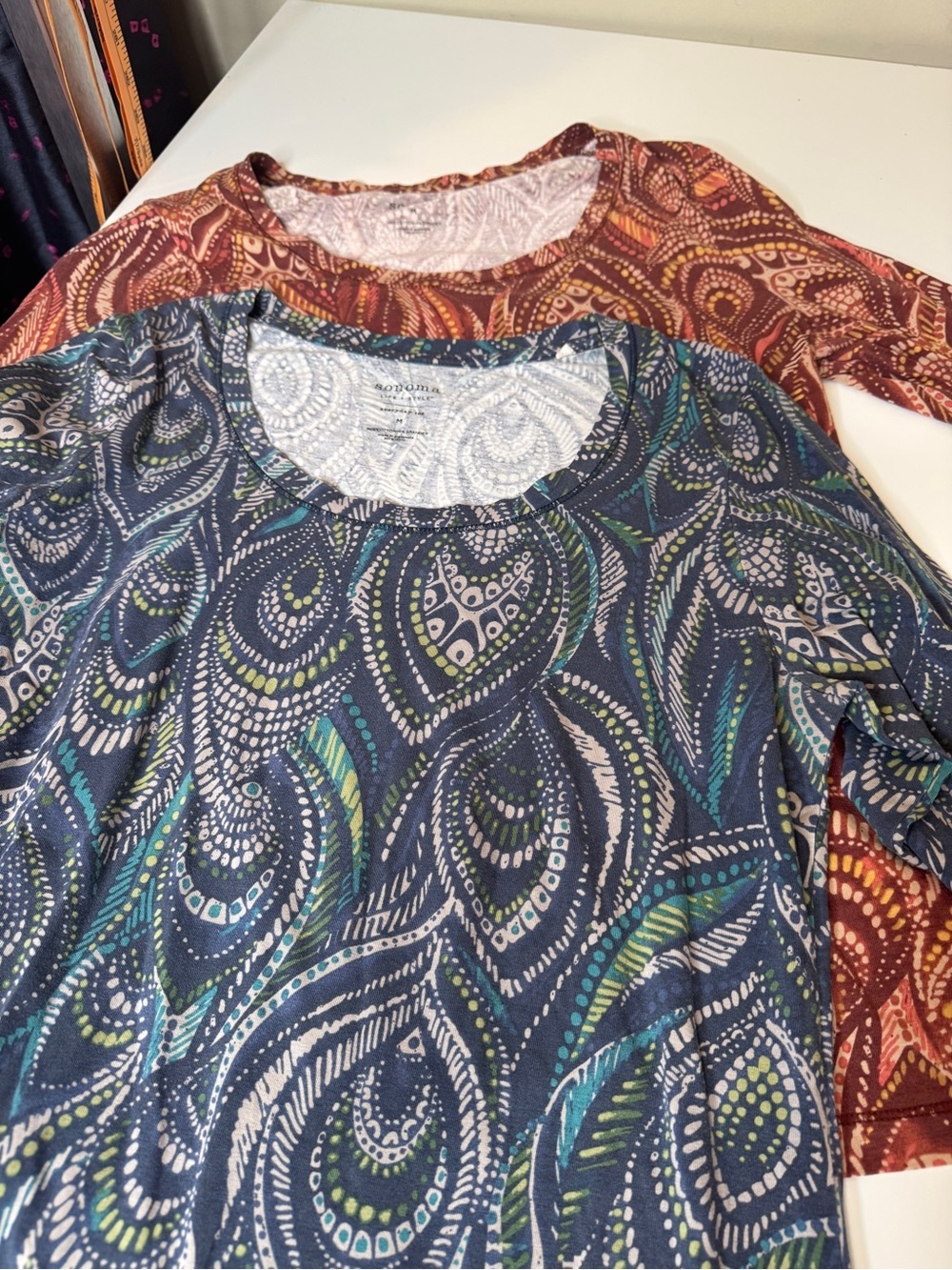Sonoma Life Style Everyday Paisley Print Crew Neck Medium Blue Brown Lot of 2